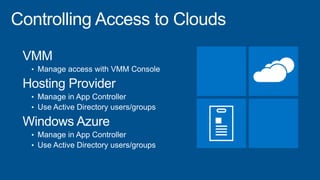 VMM
• Manage access with VMM Console
Hosting Provider
• Manage in App Controller
• Use Active Directory users/groups
Windows Azure
• Manage in App Controller
• Use Active Directory users/groups
 