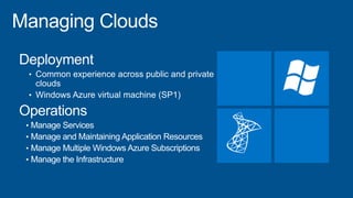 Deployment
• Common experience across public and private
clouds
• Windows Azure virtual machine (SP1)
Operations
• Manage Services
• Manage and Maintaining Application Resources
• Manage Multiple Windows Azure Subscriptions
• Manage the Infrastructure
 