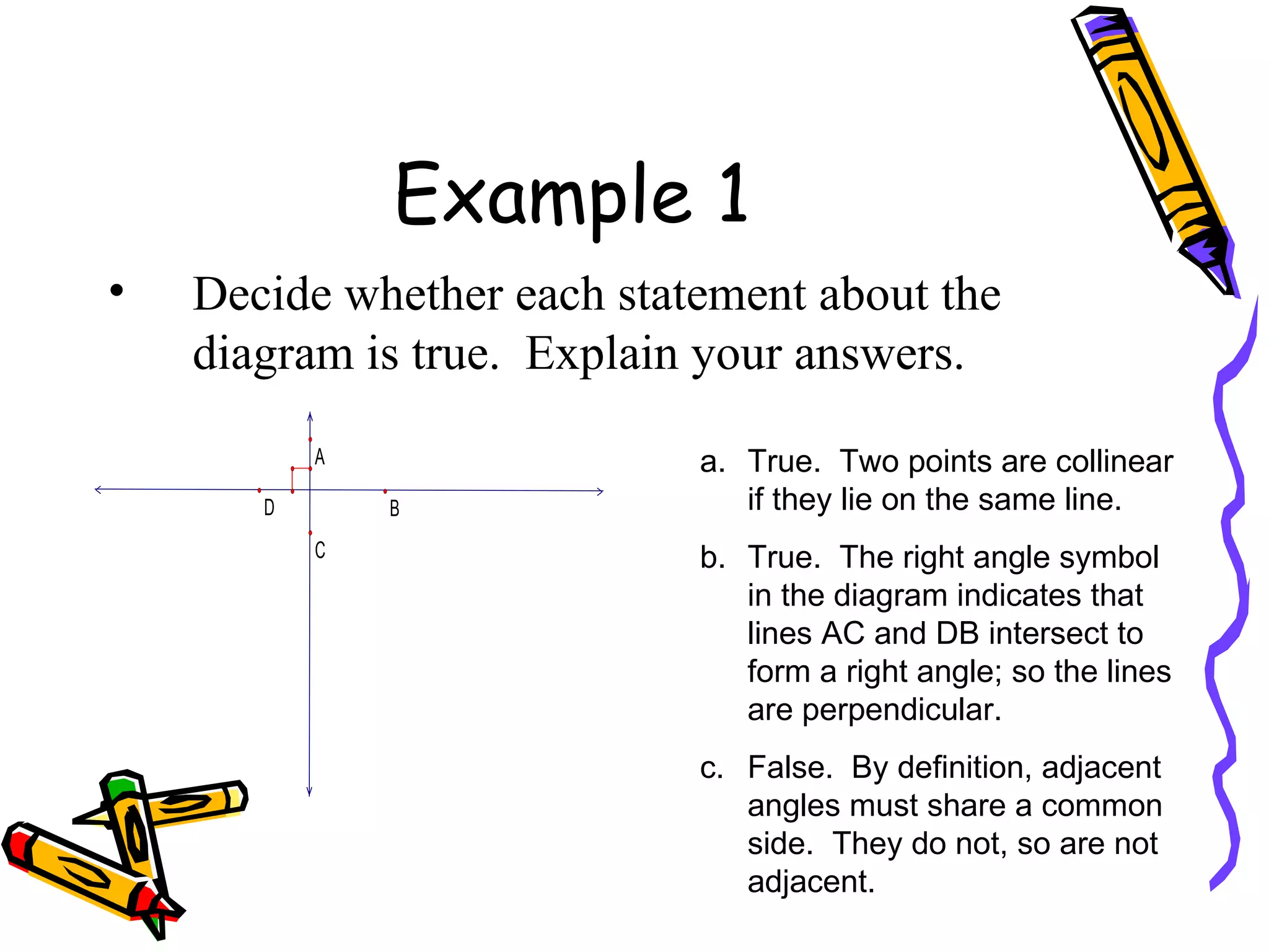 Example 1 Decide whether each statement about the diagram is true.  Explain your answers. True.  Two points are collinear if they lie on the same line. True.  The right angle symbol in the diagram indicates that lines AC and DB intersect to form a right angle; so the lines are perpendicular. False.  By definition, adjacent angles must share a common side.  They do not, so are not adjacent. 