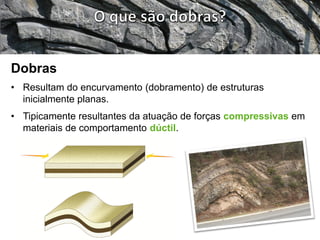 Dobras
• Resultam do encurvamento (dobramento) de estruturas
inicialmente planas.
• Tipicamente resultantes da atuação de forças compressivas em
materiais de comportamento dúctil.
 