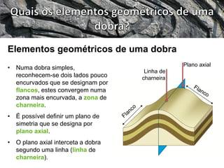 • Numa dobra simples,
reconhecem-se dois lados pouco
encurvados que se designam por
flancos, estes convergem numa
zona mais encurvada, a zona de
charneira.
• É possível definir um plano de
simetria que se designa por
plano axial.
• O plano axial interceta a dobra
segundo uma linha (linha de
charneira).
Elementos geométricos de uma dobra
Plano axial
Linha de
charneira
 