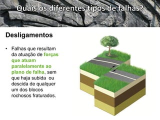 • Falhas que resultam
da atuação de forças
que atuam
paralelamente ao
plano de falha, sem
que haja subida ou
descida de qualquer
um dos blocos
rochosos fraturados.
Desligamentos
 