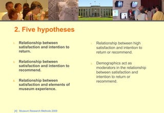 Relationship between satisfaction and intention to return. Relationship between satisfaction and intention to recommend. Relationship between satisfaction and elements of museum experience. 2. Five hypotheses Relationship between high satisfaction and intention to return or recommend. Demographics act as moderators in the relationship between satisfaction and intention to return or recommend. 