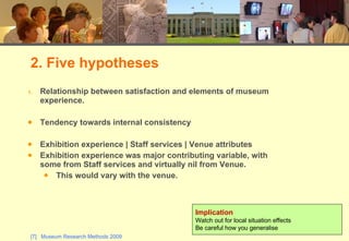 Relationship between satisfaction and elements of museum experience. Tendency towards internal consistency Exhibition experience | Staff services | Venue attributes Exhibition experience was major contributing variable, with some from Staff services and virtually nil from Venue. This would vary with the venue. 2. Five hypotheses Implication Watch out for local situation effects Be careful how you generalise 