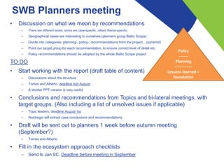 SWB Planners meeting
• Discussion on what we mean by recommendations
– There are different levels, some are case-specific,...