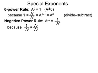 For a real-number-exponent such as , we approximate the
real number with fractions then use the fractional powers to
approximate the result.
  3.14159.. 3.1 3.14 3.141 3.1415
10  10 10 10 10 10≈1385.45..
Example C.
31
10
314
100
3141
1000
31415
10000

The Exponential Functions
Hence exponential functions or functions of the form
f(x) = bx (b > 0 and b  1) are defined for all real numbers x.
≈1258.9.. ≈1380.3.. ≈1383.5.. ≈1385.1..
 