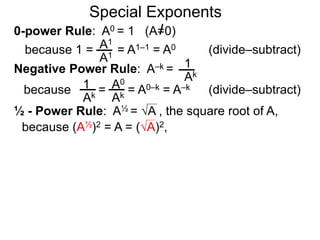 For a real-number-exponent such as , we approximate the
real number with fractions then use the fractional powers to
approximate the result.
  3.14159.. 3.1 3.14 3.141 3.1415
10  10 10 10 10 10≈1385.45..
Example C.
31
10
314
100
3141
1000
31415
10000

The Exponential Functions
Hence exponential functions or functions of the form
f(x) = bx (b > 0 and b  1) are defined for all real numbers x.
≈1258.9.. ≈1380.3.. ≈1383.5.. ≈1385.1..
Exponential functions show up in finance, bio science,
computer science and physical sciences.
The most used exponential functions are
y = 10x, y = ex and y = 2x.
Let’s use $ growth as applications below.
 