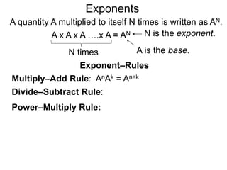 b0 = 1 b–K =
b = ( b ) b = ( )
K
N
K N
bK
1
K
N
 b
1
Example A.
80 = 1
8 =
The Exponential Functions
K
N
3
2
3
2
8 –2 =
8 =
The meaning positive integral exponents such as x2 is clear.
Below are the rules for other special exponents:
 