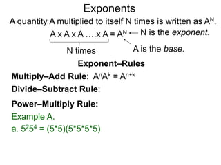 b0 = 1 b–K =
b = ( b ) b = ( )
K
N
K N
bK
1
K
N
 b
1
Example A.
80 = 1
8 = (  8 ) = 4
3 2
82
1
64
1
The Exponential Functions
K
N
3
2
3
2
8 –2 = =
8 =
The meaning positive integral exponents such as x2 is clear.
Below are the rules for other special exponents:
 