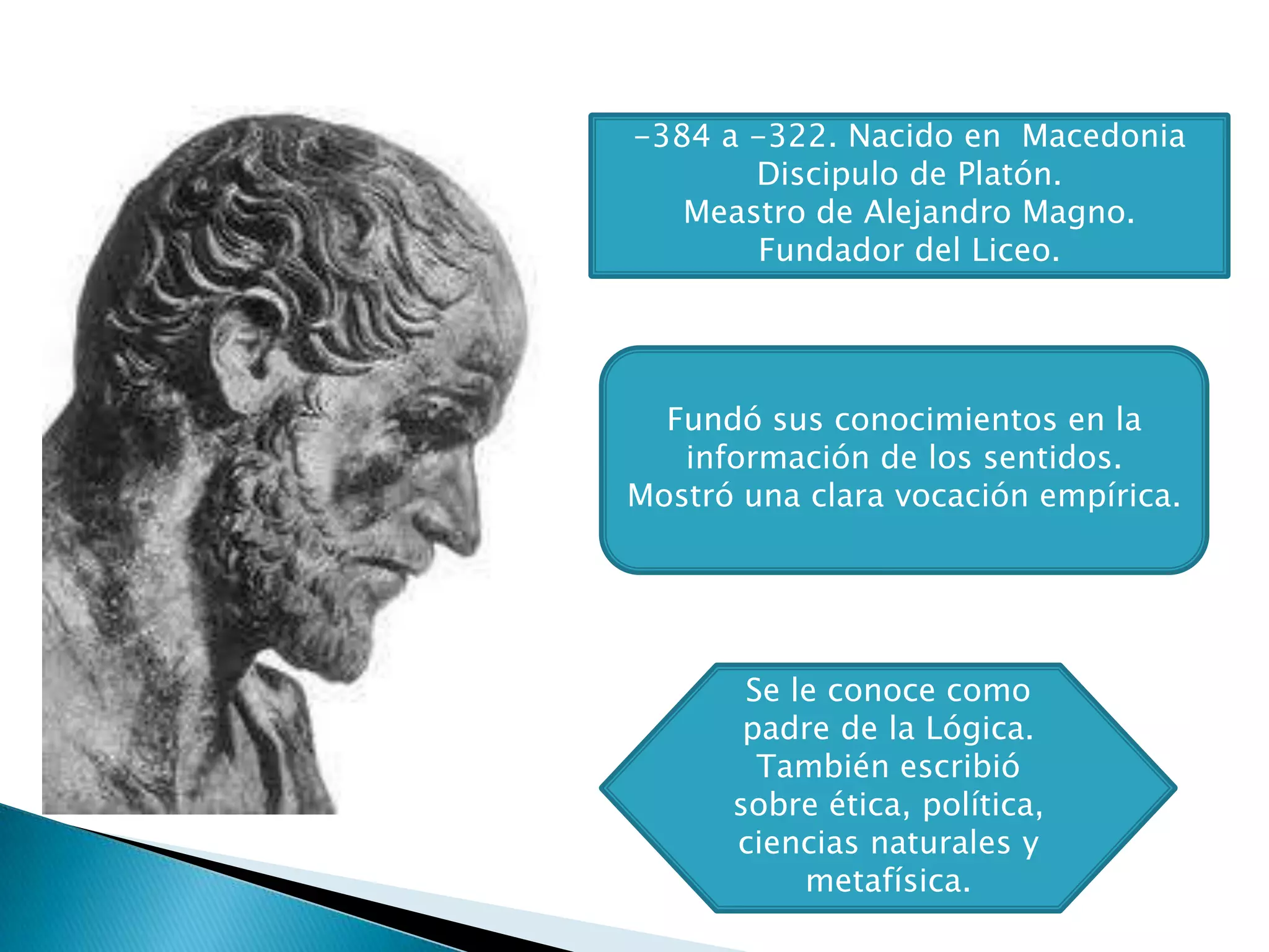 -384 a -322. Nacido en Macedonia
       Discipulo de Platón.
   Meastro de Alejandro Magno.
       Fundador del Liceo.




  Fundó sus conocimientos en la
   información de los sentidos.
Mostró una clara vocación empírica.




       Se le conoce como
       padre de la Lógica.
        También escribió
      sobre ética, política,
      ciencias naturales y
           metafísica.
 