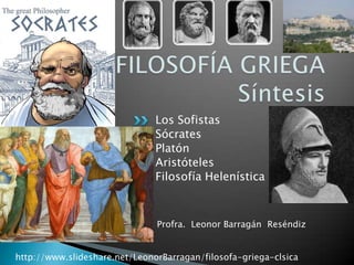 Los Sofistas
Sócrates
Platón
Aristóteles
Filosofía Helenística
Profra. Leonor Barragán Reséndiz
http://www.slideshare.net/LeonorBarragan/filosofa-griega-clsica
 