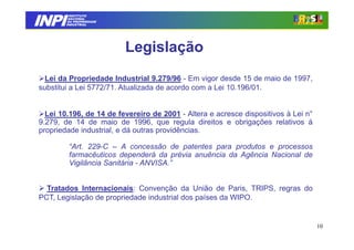 INPI
          INSTITUTO
         NACIONAL
         DA PROPRIEDADE
        INDUSTRIAL




                          Legislação
  Lei da Propriedade Industrial 9.279/96 - Em vigor desde 15 de maio de 1997,
substitui a Lei 5772/71. Atualizada de acordo com a Lei 10.196/01.


  Lei 10.196, de 14 de fevereiro de 2001 - Altera e acresce dispositivos à Lei n°
9.279, de 14 de maio de 1996, que regula direitos e obrigações relativos à
propriedade industrial, e dá outras providências.

         “Art. 229-C – A concessão de patentes para produtos e processos
         farmacêuticos dependerá da prévia anuência da Agência Nacional de
         Vigilância Sanitária - ANVISA.”


  Tratados Internacionais: Convenção da União de Paris, TRIPS, regras do
PCT, Legislação de propriedade industrial dos países da WIPO.


                                                                                    10
 