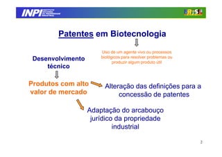 INPI
         INSTITUTO
        NACIONAL
        DA PROPRIEDADE
       INDUSTRIAL




                    Patentes em Biotecnologia

                              Uso de um agente vivo ou processos
                              biológicos para resolver problemas ou
  Desenvolvimento                   produzir algum produto útil
      técnico

 Produtos com alto             Alteração das definições para a
 valor de mercado                   concessão de patentes

                          Adaptação do arcabouço
                           jurídico da propriedade
                                   industrial

                                                                      2
 