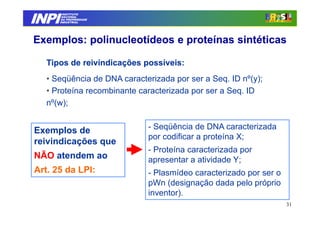 INPI
         INSTITUTO
        NACIONAL
        DA PROPRIEDADE
       INDUSTRIAL




Exemplos: polinucleotídeos e proteínas sintéticas

   Tipos de reivindicações possíveis:
   • Seqüência de DNA caracterizada por ser a Seq. ID nº(y);
   • Proteína recombinante caracterizada por ser a Seq. ID
   nº(w);


Exemplos de                  - Seqüência de DNA caracterizada
                             por codificar a proteína X;
reivindicações que
                             - Proteína caracterizada por
NÃO atendem ao               apresentar a atividade Y;
Art. 25 da LPI:              - Plasmídeo caracterizado por ser o
                             pWn (designação dada pelo próprio
                             inventor).
                                                                   31
 