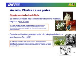 INPI
                INSTITUTO
               NACIONAL
               DA PROPRIEDADE
              INDUSTRIAL




    Animais, Plantas e suas partes
    Não são passíveis de privilégio:
•   Se naturais/isolados não são considerados como invenção,
    segundo o Art. 10 (IX)
    IX - o todo ou parte de seres vivos naturais e materiais biológicos
    encontrados na natureza, ou ainda que dela isolados, inclusive o
    genoma ou germoplasma de qualquer ser vivo natural e os processos
    biológicos naturais



•   Quando modificados geneticamente, não são patenteáveis de
    acordo com o Art. 18 (III)

    III - o todo ou parte dos seres vivos, exceto os microorganismos
    transgênicos que atendam aos três requisitos de patenteabilidade – novidade,
    atividade inventiva e aplicação industrial – previstos no art. 8º e que não sejam
    mera descoberta.




                                                                                        35
 