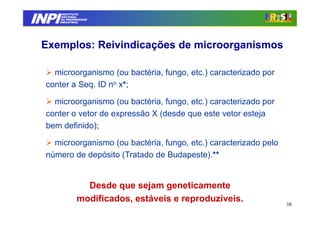INPI
         INSTITUTO
        NACIONAL
        DA PROPRIEDADE
       INDUSTRIAL




 Exemplos: Reivindicações de microorganismos

    microorganismo (ou bactéria, fungo, etc.) caracterizado por
  conter a Seq. ID no x*;

    microorganismo (ou bactéria, fungo, etc.) caracterizado por
  conter o vetor de expressão X (desde que este vetor esteja
  bem definido);

    microorganismo (ou bactéria, fungo, etc.) caracterizado pelo
  número de depósito (Tratado de Budapeste).**


                  Desde que sejam geneticamente
                modificados, estáveis e reproduzíveis.
                                                                   38
 
