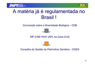 INPI
         INSTITUTO
        NACIONAL
        DA PROPRIEDADE
       INDUSTRIAL




 A matéria já é regulamentada no
              Brasil !
                Convenção sobre a Diversidade Biológica – CDB



                         MP 2186-16/01 (APL na Casa Civil)




            Conselho de Gestão do Patrimônio Genético - CGEN



                                                                62
 