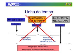 INPI
         INSTITUTO
        NACIONAL
        DA PROPRIEDADE
       INDUSTRIAL




                             Linha do tempo
                                   Res.23/CGEN e                    Res.34/CGEN e
MP 2186-16/01                      Res. 134/INPI                    Res. 207/INPI
   30/06/2000
                                        02/01/2007                      30/04/2009




                         Petição para                   Formulário de
                         cumprimento                     Depósito com
                                                     declaração de acesso
                                                                                     ...

                                  Petição para informação ou
                          Petição para declaração de que não acessou                 66
 