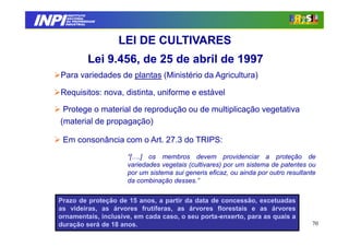 INPI
         INSTITUTO
        NACIONAL
        DA PROPRIEDADE
       INDUSTRIAL




                         LEI DE CULTIVARES
                  Lei 9.456, de 25 de abril de 1997
   Para variedades de plantas (Ministério da Agricultura)

   Requisitos: nova, distinta, uniforme e estável

    Protege o material de reprodução ou de multiplicação vegetativa
   (material de propagação)

    Em consonância com o Art. 27.3 do TRIPS:
                          “[….] os membros devem providenciar a proteção de
                          variedades vegetais (cultivares) por um sistema de patentes ou
                          por um sistema sui generis eficaz, ou ainda por outro resultante
                          da combinação desses.”


   Prazo de proteção de 15 anos, a partir da data de concessão, excetuadas
   as videiras, as árvores frutíferas, as árvores florestais e as árvores
   ornamentais, inclusive, em cada caso, o seu porta-enxerto, para as quais a
                                               porta-
   duração será de 18 anos.
                      anos.                                                             70
 