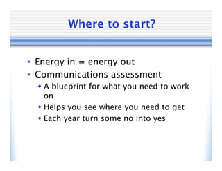 Where to start?


• Energy in = energy out
• Communications assessment
   A blueprint for what you need to work
    on
   Helps you see where you need to get
   Each year turn some no into yes
 