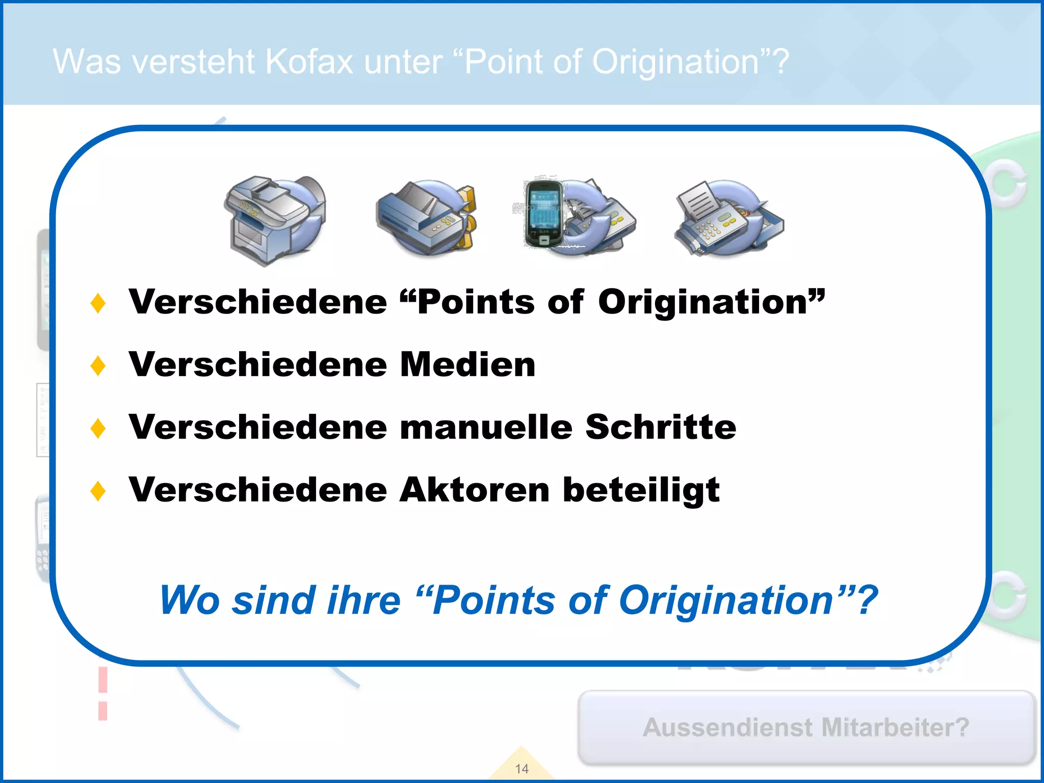 Was versteht Kofax unter “Point of Origination”?




  ♦ Verschiedene “Points of Origination”
  ♦ Verschiedene Medien
  ♦ Verschiedene manuelle Schritte
                                                       Systems /
  ♦ Verschiedene Aktoren beteiligt                     Processes



      Wo sind ihre “Points of Origination”?
         Company Boundary


                                      E-mails andworkers?
                                          Central functions?
                                          Home attachments?
                                       Multi-function devices?
                                         Remote branches?
                                      Aussendienst Mitarbeiter?
                              14
 