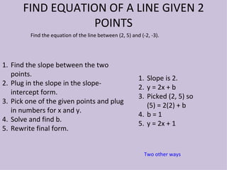 FIND EQUATION OF A LINE GIVEN 2 POINTS Find the slope between the two points. Plug in the slope in the slope-intercept form. Pick one of the given points and plug in numbers for x and y. Solve and find b. Rewrite final form. Find the equation of the line between (2, 5) and (-2, -3). Slope is 2. y = 2x + b Picked (2, 5) so (5) = 2(2) + b b = 1 y = 2x + 1 Two other ways 