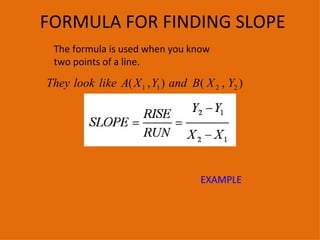 FORMULA FOR FINDING SLOPE The formula is used when you know two points of a line.  EXAMPLE 