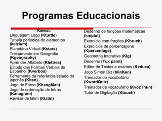 Programas Educacionais
              Kdeedu                 Desenho de funções matemáticas
Linguagem Logo (Kturtle)             (kmplot)
Tabela periódica do elementos        Exercício com frações (Kbruch)
(kalzium)
                                     Exercícios de porcentagens
Planetário Virtual (Kstars)          (Kpercentage)
Treinamento em Geografia
(Kgeography)                         Geometria Interativa (Klg)
Aprender Alfabeto (Klettres)         Desenho (Tux paint)
Estudo das Formas Verbais do         Editor de Testes e exames (Keduca)
Espanhol (Kverbos)                   Jogo Simon Diz (blinKen)
Ferramenta de referência/estudo do   Treinador de vocabulário
japonês (Kiten)                      (KwordQuiz)
Jogo de Forca (KhangMan)
                                     Treinador de vocabulário (KvocTrain)
Jogo de ordenação de letras
(Kanagram)                           Tutor de Digitação (Ktouch)
Revisor de latim (Klatin)
 