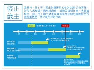 2
修正
緣由
直轄市、縣（市）國土計畫應於109.04.30前公告實施，
涉及人民權益，需辦理調查、溝通及說明作業，考量直
轄市、縣（市）國土計畫是實質發展空間計畫應給予合
理規劃期程，使計畫內容更完善。
109.04.30
 