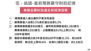 伍、結語-當前預算嚴守財政紀律
13
兼籌並顧財政健全與經濟發展
一、總預算歲入歲出編列平衡沒有差短
二、總預算歲入成長5.5%高於歲出成長5.2%
三、總預算債務還本850億元，連同特別預算差短1,182億元，
需舉借債務2,032億元，占整體歲出9.2%(上限15%) ，與
108年度相同
四、債務未償餘額占前3年度名目GDP平均數31.5%，與108年
度相同，較法定上限40.6%，尚有9.1個百分點，約1.6兆元
 