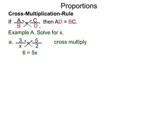 A
B
C
D ,
=If then AD = BC.
Cross-Multiplication-Rule
Proportions
Example A. Solve for x.
3
x
5
2
=a. cross multiply
6 = 5x
= x5
6
 