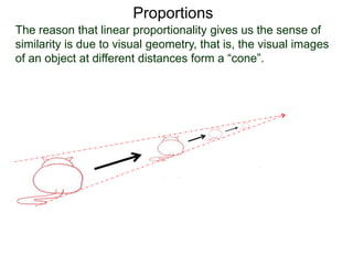Proportions
The reason that linear proportionality gives us the sense of
similarity is due to visual geometry, that is, the visual images
of an object at different distances form a “cone”.
One can easily demonstrate that in such projection, similar
images of two different sizes must preserve the ratio of two
corresponding distance measurements – as in the above
definition of similarity.
 