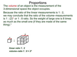Proportions
Because the ratio of the linear measurements is 1 : 2,
we may conclude that the ratio of the volume–measurements
is 1 : (2)3 or 1 : 8 ratio. So the weight of large one is 8 times
as much as the small one (if they are made of the same
thing).* Given two similar objects with linear ratio 1 : r
then their volume–ratio is 1 : r3.
linear ratio 1 : r
volume–ratio 1 : r3
::
linear ratio 1 : 2
volume–ratio 1 : 8 = 23
1
2 1
r
The volume of an object is the measurement of the
3-dimensional space the object occupies.
 