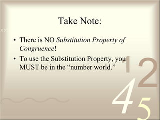 421
0 0 1 1 0 0 1 0 1 0 1 0 1 1 0 1 0 0 0 1 0 1 0 0 1 0 1 1
Take Note:
• There is NO Substitution Property of
Congruence!
• To use the Substitution Property, you
MUST be in the “number world.”
 