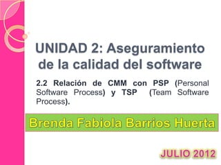 UNIDAD 2: Aseguramiento
de la calidad del software
2.2 Relación de CMM con PSP (Personal
Software Process) y TSP (Team Software
Process).
 