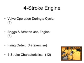 4-Stroke Engine
• Valve Operation During a Cycle:
(4)
• Briggs & Stratton 3hp Engine:
(3)
• Firing Order: (4) (exercise)
• 4-Stroke Characteristics: (12)
 