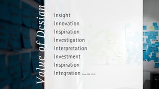 Value of Design
                  Insight
                  Innovation
                  Inspiration
                  Investigation
                  Interpretation
                  Investment
                  Inspiration
                  Integration(from DMI 2010)



                                               © Florian Vollmer, 2012 – www.florianvollmer.com
 