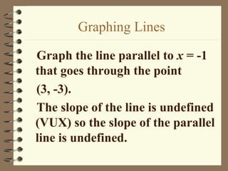 Graphing Lines

Graph the line parallel to x = -1
that goes through the point
(3, -3).
The slope of the line is undefined
(VUX) so the slope of the parallel
line is undefined.
 