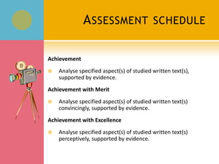 A SSESSMENT                  SCHEDULE


Achievement
   Analyse specified aspect(s) of studied written text(s),
    supported by evidence.
Achievement with Merit
   Analyse specified aspect(s) of studied written text(s)
    convincingly, supported by evidence.
Achievement with Excellence
   Analyse specified aspect(s) of studied written text(s)
    perceptively, supported by evidence.
 