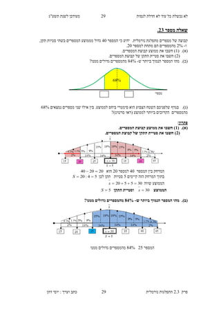 ‫לנסות‬ ‫חדלת‬ ‫לא‬ ‫עוד‬ ‫כל‬ ‫נכשלת‬ ‫לא‬92‫תשע"ג‬ ‫לשנת‬ ‫מעודכן‬
‫פרק‬2.3‫נורמלית‬ ‫התפלגות‬92‫דהן‬ ‫יוסי‬ : ‫וערך‬ ‫כתב‬
‫מספר‬ ‫שאלה‬32.
‫קבוצה‬‫מתפלגת‬ ‫מספרים‬ ‫של‬‫נורמלית‬.‫כי‬ ‫ידוע‬‫ה‬‫מספר‬30‫גדול‬‫תקן‬ ‫סטיות‬ ‫בשתי‬ ‫המספרים‬ ‫מממוצע‬,
‫ו‬-9%‫למספר‬ ‫מתחת‬ ‫הם‬ ‫מהמספרים‬90.
(‫א‬).(1‫חשב‬ )‫ו‬‫את‬‫ממוצע‬‫קבוצת‬‫המספרים‬.
(9‫חשב‬ )‫ו‬‫את‬‫של‬ ‫התקן‬ ‫סטיית‬‫קבוצת‬‫המספרים‬.
(‫ב‬).‫ש‬ ‫ביותר‬ ‫הנמוך‬ ‫המספר‬ ‫מהו‬-63%?‫ממנו‬ ‫גדולים‬ ‫מהמספרים‬
(‫ג‬).‫סי‬ ‫הוא‬ ‫הצבוע‬ ‫השטח‬ ‫שלפניכם‬ ‫בגרף‬.‫לממוצע‬ ‫ביחס‬ ‫מטרי‬‫נמצאים‬ ‫מספרים‬ ‫שני‬ ‫אילו‬ ‫בין‬86%
‫מהמספרים‬‫(ראו‬ ‫לממוצע‬ ‫ביותר‬ ‫הקרובים‬‫סרטוט‬?)
‫פתרון‬:
(‫א‬).(1.‫המספרים‬ ‫קבוצת‬ ‫ממוצע‬ ‫את‬ ‫חשבו‬ )
(3.‫המספרים‬ ‫קבוצת‬ ‫של‬ ‫התקן‬ ‫סטיית‬ ‫את‬ ‫חשבו‬ )
‫ה‬ ‫בין‬ ‫המרחק‬‫מספר‬30‫ל‬‫מספר‬90‫הוא‬202040 
‫קיימים‬ ‫הזה‬ ‫המרחק‬ ‫בתוך‬5‫סטיות‬‫תקן‬‫לכן‬54:20 S
‫שווה‬ ‫הממוצע‬305520 x
‫הממוצע‬30x‫התקן‬ ‫וסטיית‬5S
(‫ב‬).‫ש‬ ‫ביותר‬ ‫הנמוך‬ ‫המספר‬ ‫מהו‬-88%?‫ממנו‬ ‫גדולים‬ ‫מהמספרים‬
‫המספר‬9563%‫ממנו‬ ‫גדולים‬ ‫מהמספרים‬
‫מספר‬
%68
 