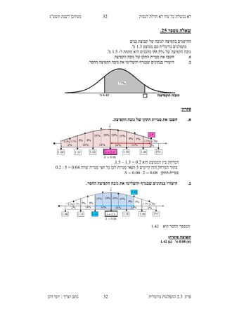 ‫לנסות‬ ‫חדלת‬ ‫לא‬ ‫עוד‬ ‫כל‬ ‫נכשלת‬ ‫לא‬49‫תשע"ג‬ ‫לשנת‬ ‫מעודכן‬
‫פרק‬2.3‫נורמלית‬ ‫התפלגות‬49‫דהן‬ ‫יוסי‬ : ‫וערך‬ ‫כתב‬
‫מספר‬ ‫שאלה‬30.
‫ה‬‫בקפיצה‬ ‫הישגים‬‫של‬ ‫לגובה‬‫קבוצת‬‫בנים‬
‫מתפלגים‬‫נורמלי‬‫ת‬‫ממוצע‬ ‫עם‬1.4.'‫מ‬
‫גובה‬‫של‬ ‫הקפיצה‬22.5%‫ל‬ ‫מתחת‬ ‫היא‬ ‫מהבנים‬-1.5.'‫מ‬
.‫א‬‫חשב‬‫ו‬‫את‬‫הקפיצה‬ ‫גובה‬ ‫של‬ ‫התקן‬ ‫סטיית‬.
.‫ב‬.‫החסר‬ ‫הקפיצה‬ ‫גובה‬ ‫את‬ ‫והשלימו‬ ‫שבגרף‬ ‫בנתונים‬ ‫היעזרו‬
‫פתרון‬:
.‫א‬.‫הקפיצה‬ ‫גובה‬ ‫של‬ ‫התקן‬ ‫סטיית‬ ‫את‬ ‫חשבו‬
‫הוא‬ ‫הממוצע‬ ‫בין‬ ‫המרחק‬0.9=1.4–1.5.
‫קיימים‬ ‫הזה‬ ‫המרחק‬ ‫בתוך‬5‫שווה‬ ‫סטייה‬ ‫חצי‬ ‫כל‬ ‫לכן‬ ‫סטיות‬ ‫חצאי‬0.03=5:0.9
‫התקן‬ ‫סטיית‬08.0204.0 S
.‫ב‬.‫החסר‬ ‫הקפיצה‬ ‫גובה‬ ‫את‬ ‫והשלימו‬ ‫שבגרף‬ ‫בנתונים‬ ‫היעזרו‬
‫הוא‬ ‫החסר‬ ‫המספר‬42.1
‫סופית‬ ‫תשובה‬:
)‫(א‬5.58)‫(ב‬ '‫מ‬1.83
 