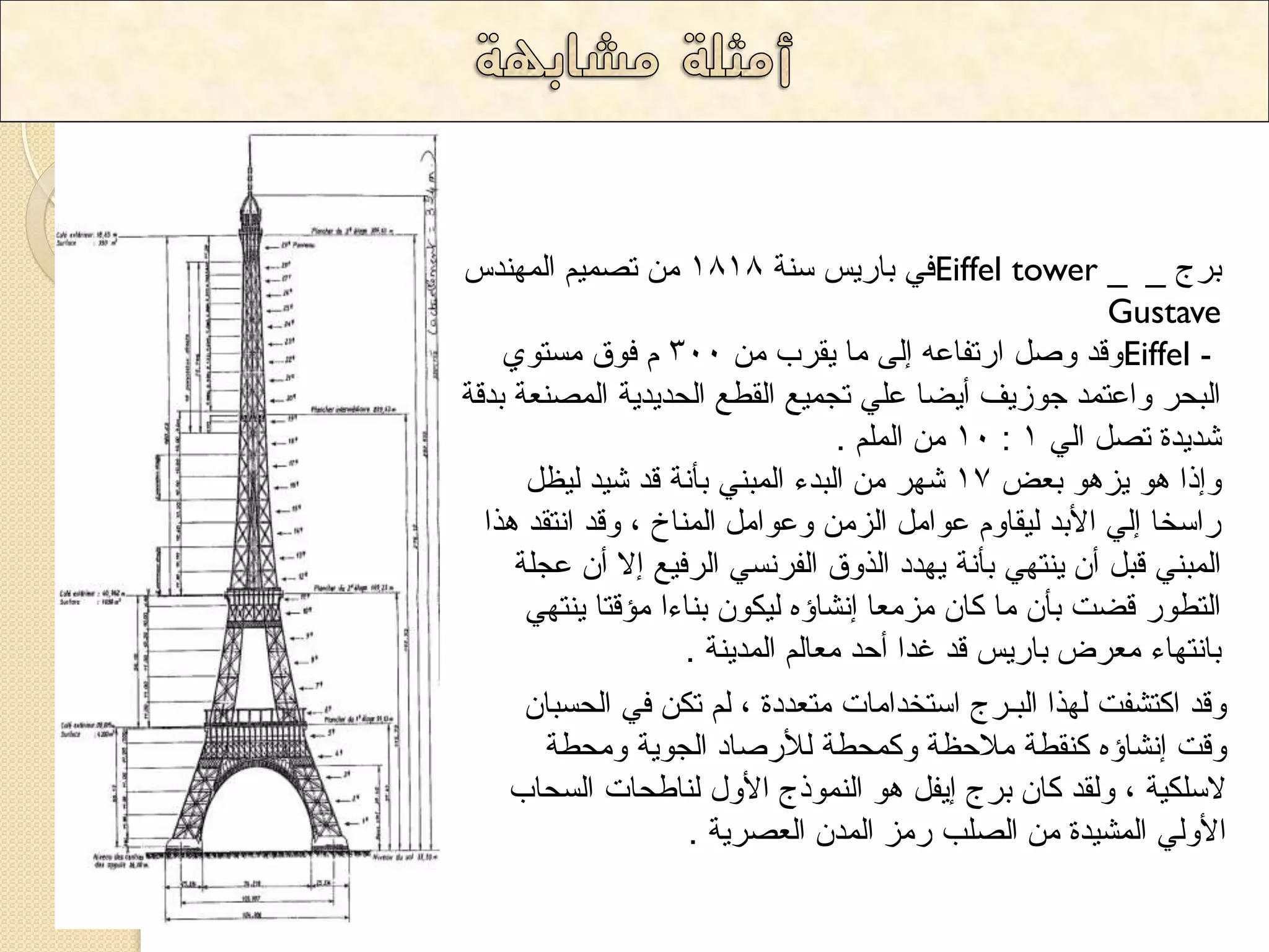 فٟ تاس ٠ظ ع حٕ 1818 ذص ١ّ ا ٌّٙ ذٕط Eiffel tower _ _ تشض 
Gustave 
ٚلذ ٚص اسذفاػ ا ٌٝ اِ ٠مشب 300 فٛق غِرٛٞ Eiffel - 
ا ثٌذش ٚاػر ذّ جٛص ٠ف أ ٠عا ػ ٍٟ ذج ١ّغ ا مٌؽغ ا ذٌذ ٠ذ ٠ح ا صٌّ ؼٕح تذلح 
10 ا . : شذ ٠ذج ذص ا ٌٟ 1 
ٚارا ٛ٘ ٠ض ٛ٘ تؼط 17 شٙش ا ثٌذء ا ثٌّ ٟٕ تؤ حٔ لذ ش ١ذ ١ٌظ ساعخا ا ٌٟ الأتذ ١ٌماٚ ػٛا ا ضٌ ٚػٛا ا إٌّر ، ٚلذ ا رٔمذ ز٘ا 
ا ثٌّ ٟٕ لث أ ٠ رٕٟٙ تؤ حٔ ٠ٙذد ا زٌٚق ا فٌش غٟٔ ا شٌف ١غ الا أ ػج حٍ 
ا رٌؽٛس لعد تؤ اِ وا ضِ ؼِا ا شٔاإ ١ٌىٛ ت إءا ئِلرا ٠ رٕٟٙ 
تا رٔٙاء ؼِشض تاس ٠ظ لذ غذا أدذ ؼِا ا ذٌّ ٠ حٕ . 
ٚلذ اورشفد ٌٙزا ا ثٌـشض اعرخذا اِخ رِؼذدج ، ذى فٟ ا ذٌغثا ٚلد ا شٔاإ و مٕؽح لِادظح ٚو ذّؽح لٌأسصاد ا جٌٛ ٠ح ٚ ذِؽح 
لاع ىٍ ١ح ، ٚ مٌذ وا تشض ا ٠ف ٛ٘ ا ٌّٕٛرض الأٚي إٌؼذاخ ا غٌذاب 
الأٚ ٌٟ ا شٌّ ١ذج اصٌةٍ س ضِ ا ذٌّ ا ؼٌصش ٠ح . 
 