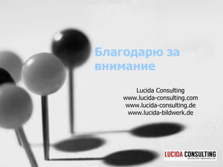 Благодарю за 
внимание 
Lucida Consulting 
www.lucida-consulting.com 
www.lucida-consulting.de 
www.lucida-bildwerk.de 
