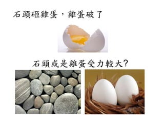 石頭砸雞蛋，雞蛋破了
石頭或是雞蛋受力較大?
 