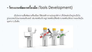 - โครงงานพัฒนาเครื่องมือ (Tools Development)
เป็นโครงงานเพื่อพัฒนาเครื่องมือมาใช้ช่วยสร้างงานประยุกต์ต่าง ๆ ซึ่งโดยส่วนใหญ่จะเป็นใน
รูปแบบของโปรแกรมคอมพิวเตอร์ เช่น ซอฟต์แวร์วาดรูป ซอฟต์แวร์พิมพ์งาน ซอฟต์แวร์ช่วยการมองวัตถุใน
มุมต่าง ๆ เป็นต้น
 