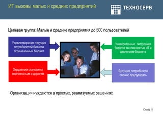 ИТ вызовы малых и средних предприятий



Целевая группа: Малые и средние предприятия до 500 пользователей

  Удовлетворение текущих                                 Универсальные сотрудники
   потребностей бизнеса                                  борются со сложностью ИТ и
   ограниченный бюджет                                      давлением бюджета




   Окружение становится                                    Будущие потребности
  комплексным и дорогим                                     сложно предугадать




 Организации нуждаются в простых, реализуемых решениях


                                                                             Слайд 11
 