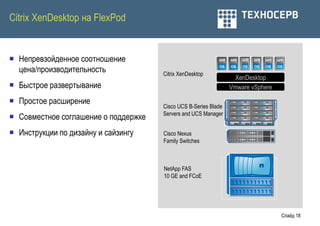 Citrix XenDesktop на FlexPod


 Непревзойденное соотношение
  цена/производительность             Citrix XenDesktop
                                                                   XenDesktop
 Быстрое развертывание                                          Vmware vSphere

 Простое расширение
                                      Cisco UCS B-Series Blade
                                      Servers and UCS Manager
 Совместное соглашение о поддержке
 Инструкции по дизайну и сайзингу    Cisco Nexus
                                      Family Switches



                                      NetApp FAS
                                      10 GE and FCoE




                                                                                  Слайд 18
 
