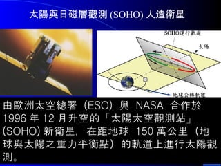 太陽與日磁層觀測 (SOHO) 人造衛星 由歐洲太空總署  (ESO)  與  NASA  合作於 1996 年 12 月升空的「太陽太空觀測站」 (SOHO) 新衛星，在距地球  150 萬公里（地球與太陽之重力平衡點）的軌道上進行太陽觀測。  
