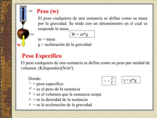 El peso cualquiera de una sustancia se define como su peso por unidad de volumen. (Kilopondio)(N/m³).                 Donde:    = peso especifico    = es el peso de la sustancia    = es el volumen que la sustancia ocupa    = es la densidad de la sustancia    = es la aceleración de la gravedad Peso Específico γ = ρ*g Peso (w) El peso cualquiera de una sustancia se define como su masa por la gravedad. Se mide con un dinamómetro en el cual se suspende la masa. m = masa g = aceleración de la gravedad W = m*g W 