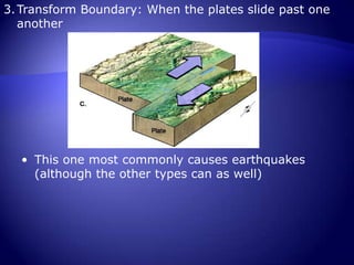 Subduction happens when the density of one plate is less than the other (usually the oceanic crust subducting under a continental crust)Transform Boundary: When the plates slide past one anotherThis one most commonly causes earthquakes (although the other types can as well)EarthquakesThe fault is the line at which the plates rub past each other.